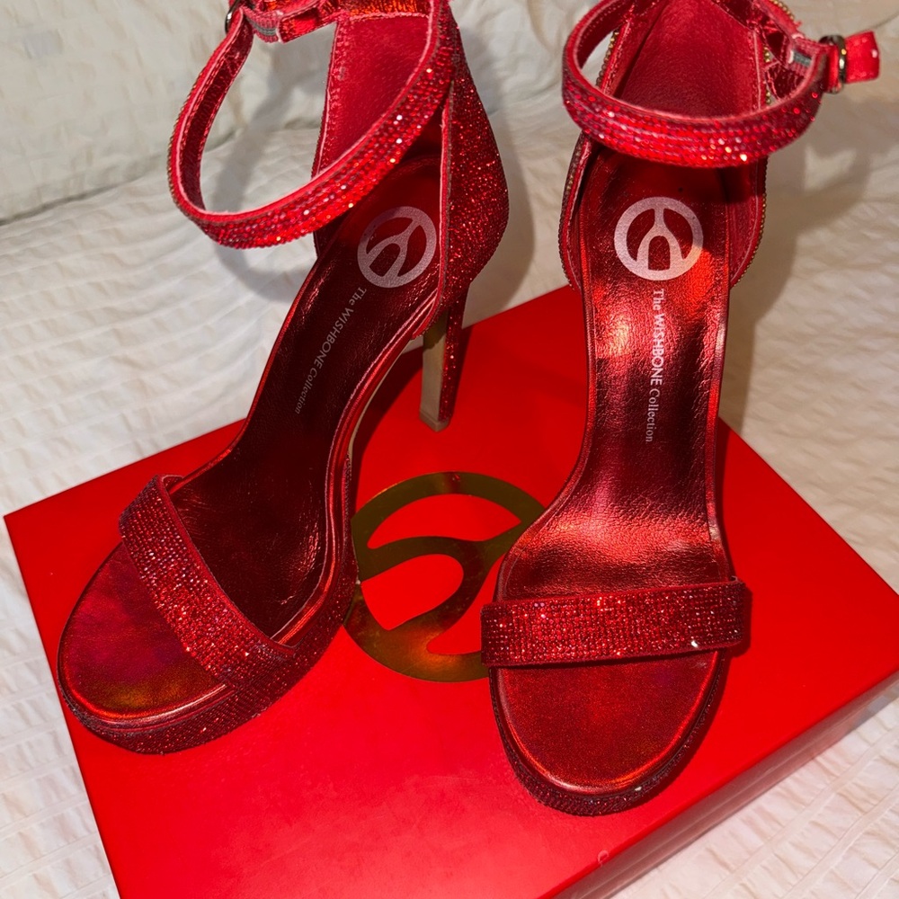 Red Rhinestone Stiletto Wishbone Collection Platform Heels with Ankle Strap 7.5W